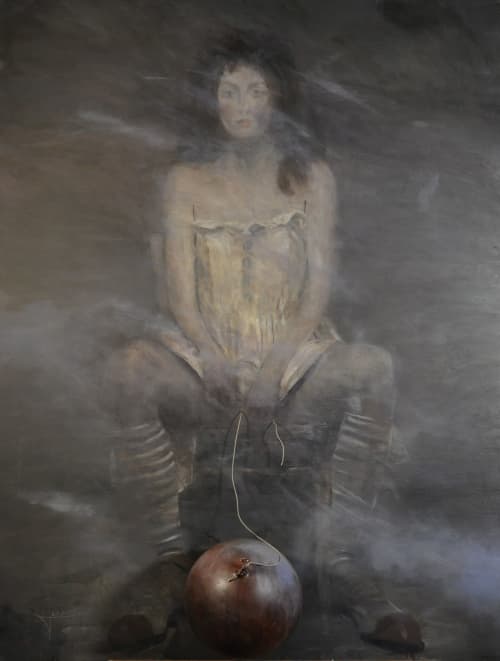 The Girl with the Balloon (La Chica del Globo) | Oil And Acrylic Painting in Paintings by Jesnagar. Item made of wood & metal compatible with contemporary and industrial style