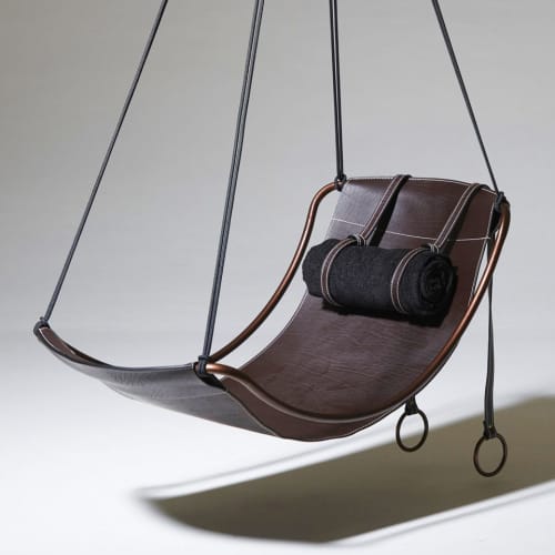 Modern Leather Sling Hanging Chair Now in A Slimmer Frame fo | Lounge Chair in Chairs by Studio Stirling. Item made of steel with leather works with minimalism & contemporary style