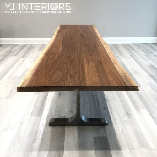 Live Edge Black Walnut T Table | Communal Table in Tables by YJ Interiors | Toronto in Toronto. Item composed of walnut and steel in mid century modern or eclectic & maximalism style
