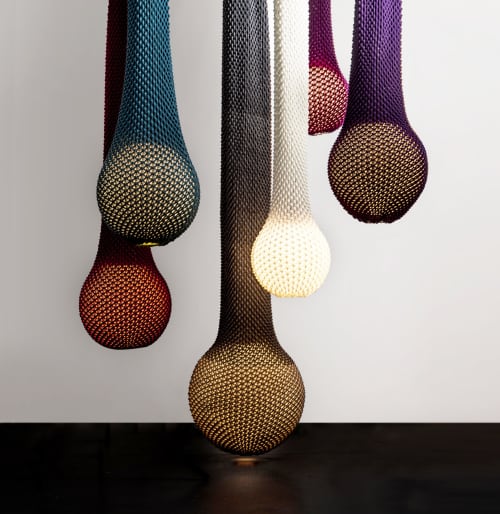 Hanging Knitted Lamp Shade - Dropped | Pendants by Ariel Zuckerman Studio. Item composed of fabric and synthetic