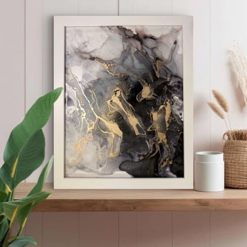 Noir Splendor | Signed Alcohol Ink Painting on Glass | Mixed Media by Amber Lamoreaux Art. Item made of glass works with eclectic & maximalism & modern style