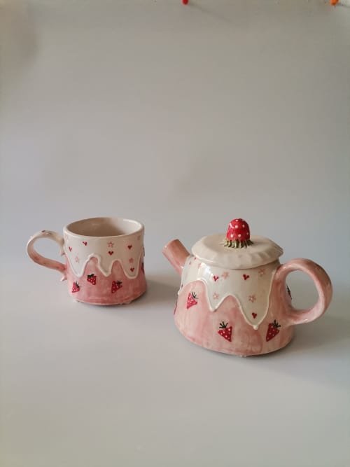 Strawberry Shortcake Cup and Teapot Set | Serveware by HulyaKayalarCeramics. Item compatible with boho and country & farmhouse style
