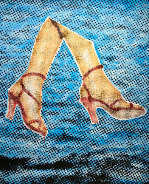 walking water woman heels ocean surreal office home decor | Oil And Acrylic Painting in Paintings by Dan Bina. Item made of canvas with synthetic