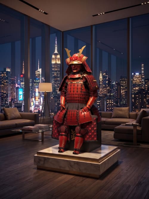 Bespoke Red Iron Samurai Armor Wearable Art I : Flamingo | Sculptures by Dynasty Artisan. Item composed of metal and leather in contemporary or japandi style