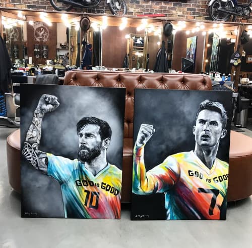Lionel Messi and Cristiano Ronaldo | Oil And Acrylic Painting in Paintings by Anthony Hernandez Art | The Spot Barbershop - Merrick Park in Coral Gables. Item made of canvas