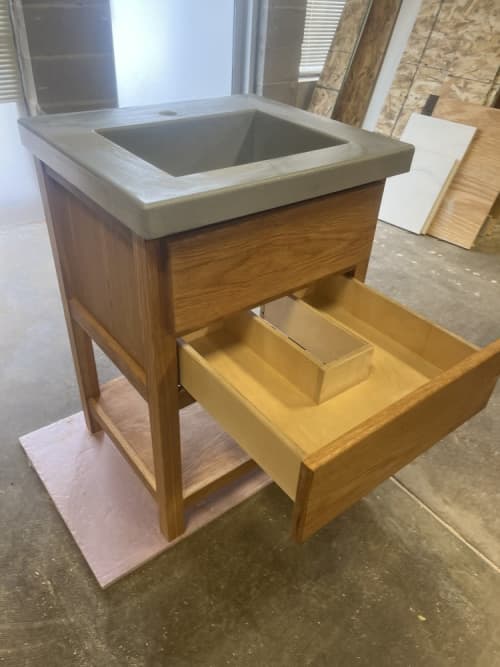 Lyndale Vanity Base and Concrete Vanity Top | Countertop in Furniture by Wood and Stone Designs. Item made of oak wood with concrete
