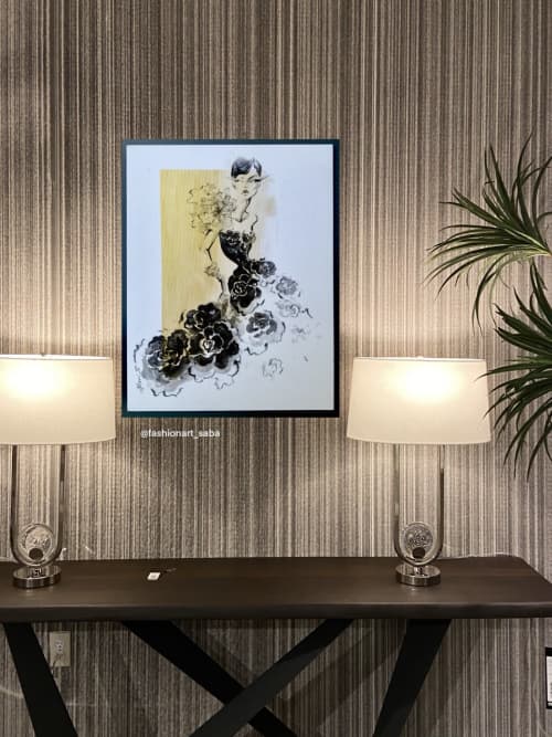 "Black Dress" Elegant Fashion Illustration on canvas board | Drawings by Marina Saba Fine Art