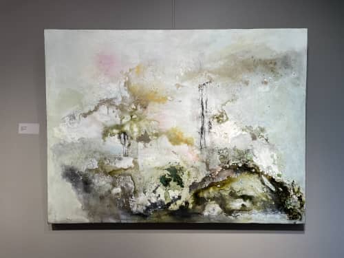Abstract waterscape, greens and grays | Oil And Acrylic Painting in Paintings by The Mink Gallery. Item made of synthetic