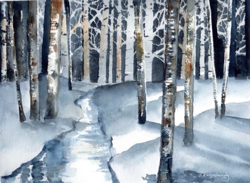 Night In The Woods | Watercolor Painting in Paintings by Claudia E. Kazachinsky. Item made of paper