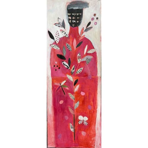 Tree of Life Series: Pink Figure | Oil And Acrylic Painting in Paintings by Pam (Pamela) Smilow. Item made of paper