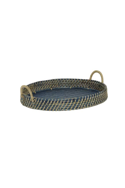 Handmade Round Blue Natural Bamboo and Cane Serving Tray | Serveware by Amara