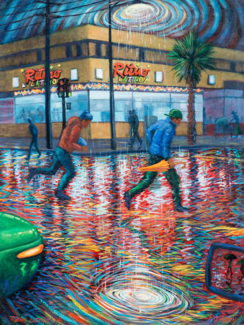 Mission in the Rain | Oil And Acrylic Painting in Paintings by Arthur Koch | Cafe Revolution 3248 22nd St, San Francisco, CA in San Francisco. Item made of synthetic