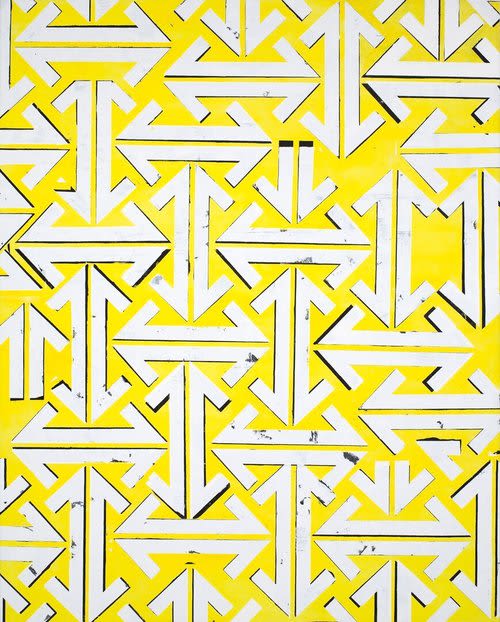 Yellow painting with graphic white arrows | Oil And Acrylic Painting in Paintings by Margaret Lanzetta. Item made of canvas & synthetic