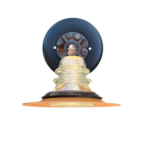 Insulator Light Sconce 7" Rusted Metal Hood | Sconces by RailroadWare Lighting Hardware & Gifts. Item made of metal with glass works with country & farmhouse & industrial style
