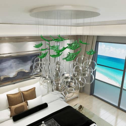 Vigneto Glass Globes Chandelier with Green Murano Leaves | Pendants by Galilee Lighting. Item composed of metal & glass compatible with modern style