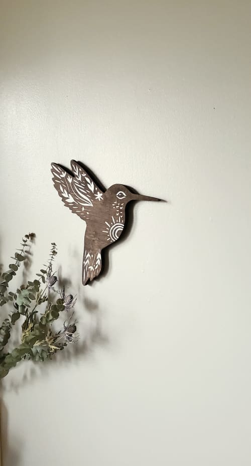 Hummingbird wood wall art, rustic nursery wall hanging decor | Wall Sculpture in Wall Hangings by Studio Wildflower. Item composed of walnut compatible with boho and country & farmhouse style