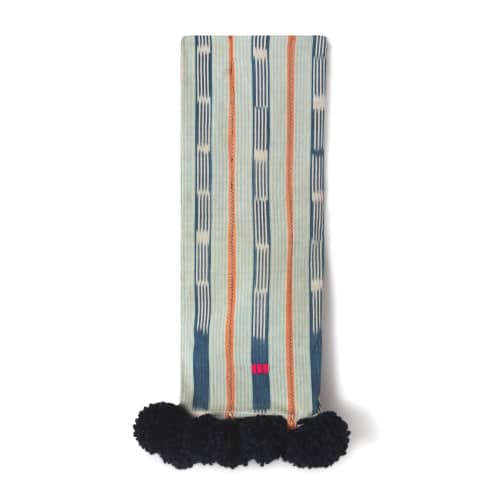 baoule pom pom throw light stripe/indigo poms | Blanket in Linens & Bedding by Charlie Sprout. Item made of fabric