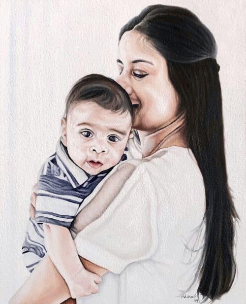 Mother & Child - portrait painting | Oil And Acrylic Painting in Paintings by Melissa Patel. Item made of paper & synthetic