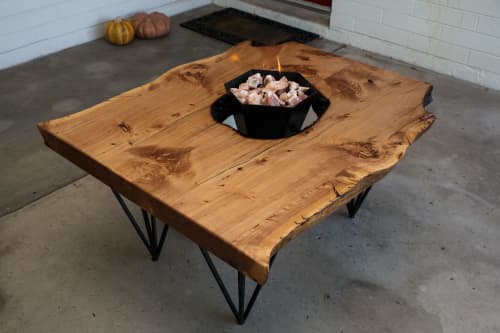 Alligator Juniper Live Edge Fire Pit Interactive Patio/Coffee Table | Tables by Lumberlust Designs. Item composed of wood & steel