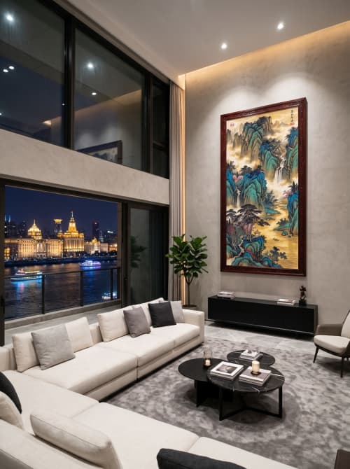 Hand-Painted Silk/Xuan Classic Blue Green Scroll Art | Oil And Acrylic Painting in Paintings by Dynasty Artisan. Item composed of wood and fabric in contemporary or eclectic & maximalism style