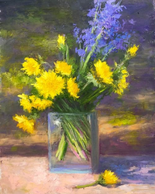 Daffodils and bluebells | Oil And Acrylic Painting in Paintings by Julia Lesnichy Art. Item works with traditional style