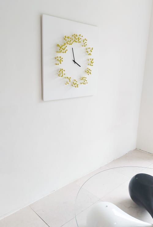 "Mocap WHITE / YELLOW"  illusionistic wall clock | Decorative Objects by JAN PAUL. Item made of wood with metal works with mid century modern & contemporary style