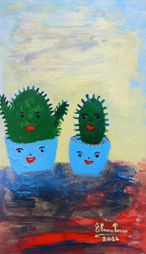 Cactus mood | Oil And Acrylic Painting in Paintings by Elena Parau. Item made of paper works with boho & contemporary style