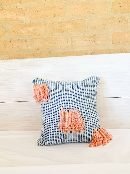 Naidi Blue Pillow Case with Tassels | Cushion in Pillows by Zuahaza by Tatiana. Item made of cotton with fiber works with boho & eclectic & maximalism style