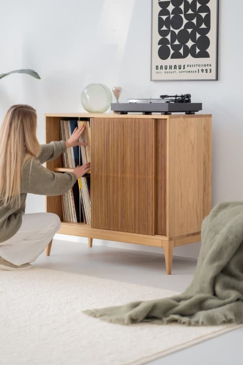 TONN Tall Record player stand, vinyl record storage oak wood | Media Console in Storage by Mo Woodwork | Stalowa Wola in Stalowa Wola. Item composed of oak wood in minimalism or mid century modern style
