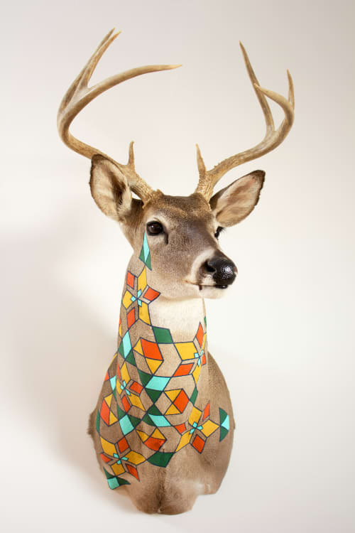 Quilt Pattern Hand-painted Taxidermy Deer | Wall Sculpture in Wall Hangings by Cassandra Smith. Item made of fabric & synthetic