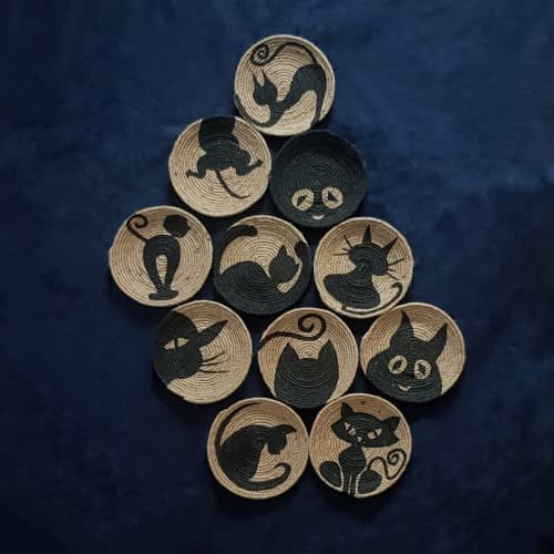 Set of 11 Cat Wall Plates | Decorative Plate in Decorative Objects by Sarmal Design. Item made of bamboo with cotton works with boho & mid century modern style