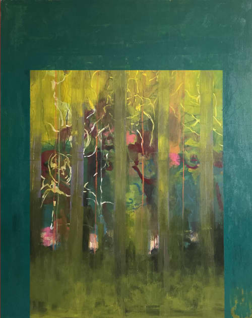 Green Figurative Abstract | Mixed Media by Gela Mikava | Georgia in Tbilisi. Item composed of fabric in contemporary style