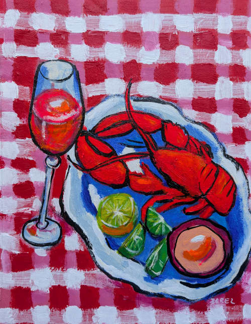 Contemporary Still Life: Mediterranean Lobster Feast | Oil And Acrylic Painting in Paintings by Berezart. Item made of canvas works with contemporary & mediterranean style
