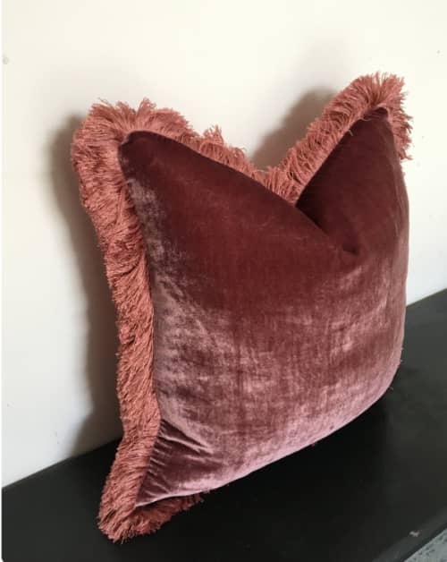 Berry Pink Silk Velvet Pillow with Dusty Pink Fringe Trim | Pillows by Velvet Fringe. Item compatible with boho and eclectic & maximalism style