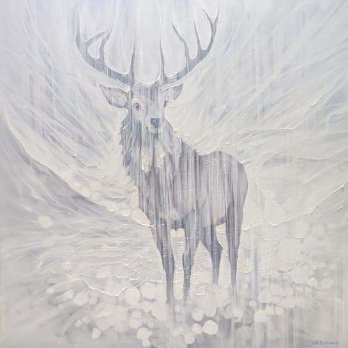 Resilience, a Winter White Stag painting | Oil And Acrylic Painting in Paintings by Gill Bustamante. Item made of canvas works with minimalism & contemporary style