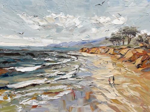 Beach Walk | 48 × 36 × 1.5 inches | Oil on canvas | Oil And Acrylic Painting in Paintings by Lisa Elley ART. Item made of canvas compatible with minimalism and contemporary style