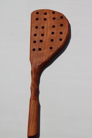 Straining Wood Utensil, Slotted Colander Carved Handle | Cooking Utensil in Utensils by Wild Cherry Spoon Co.. Item made of oak wood works with minimalism & country & farmhouse style