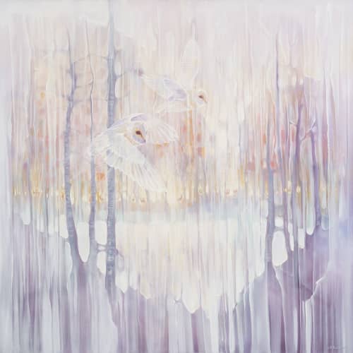 Out of this World is a large white oil painting with owls | Oil And Acrylic Painting in Paintings by Gill Bustamante. Item made of canvas works with contemporary & country & farmhouse style