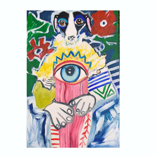 Lulu Bella wears patchwork jumpsuit | Oil And Acrylic Painting in Paintings by Lulu Bella Art. Item composed of canvas