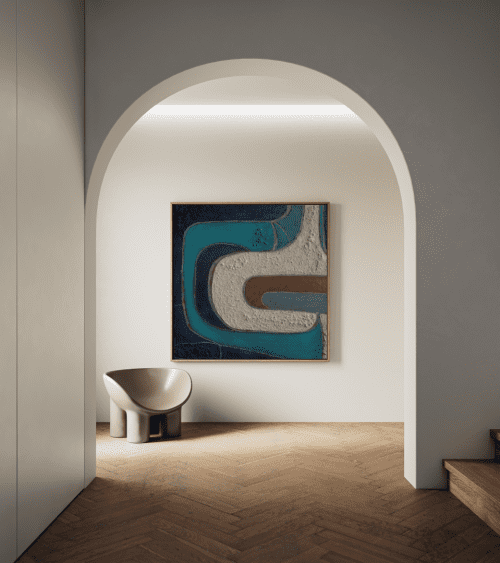 Mid-Century Modern Textured Painting – Blue, White & Copper | Oil And Acrylic Painting in Paintings by Serge Bereziak. Item made of canvas compatible with boho and minimalism style