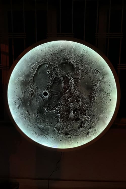 Handcrafted Moon Wall Art with RGB LED Lighting | Sculptures by Yasemin Arabacıgil. Item made of birch wood compatible with contemporary style