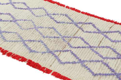 Vintage Moroccan Runner Rug in White with Purple Lozenges | Area Rug in Rugs by Rug and Kilim