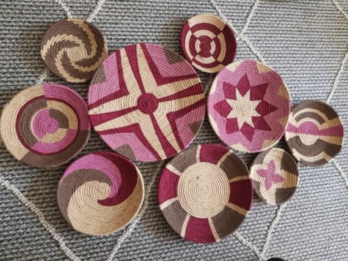 Pink Boho Woven Wall Hanging Baskets | Decorative Plate in Decorative Objects by Sarmal Design. Item composed of bamboo and cotton in boho or mid century modern style