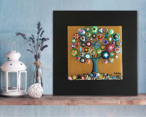 "Golden Rainbow" - Original Mixed Media wall art | Mixed Media by Cami Levin. Item made of wood with synthetic works with contemporary & eclectic & maximalism style