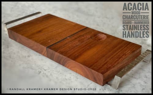 Charcuterie Board (w/Hand-Forged-Stainless-Steel-Handles) | Serveware by Kramer Design Studio / Randall Kramer. Item made of wood with steel