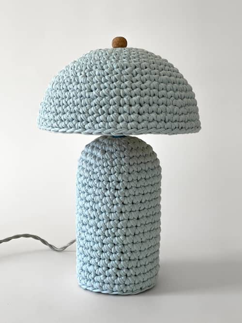 The Knitty Table Lamp in Robin's Egg Blue | Lamps by Meg Morrison. Item made of fabric with ceramic works with mid century modern & eclectic & maximalism style