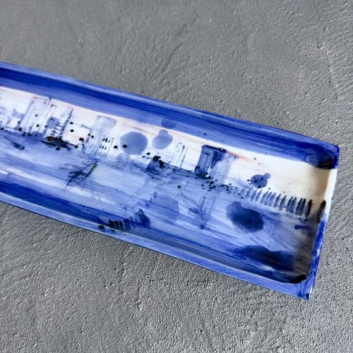 Ceramic Serving Platter M  | Rectangular Plate | blue white | Ceramic Plates by Hideyo. Item made of ceramic works with contemporary & japandi style