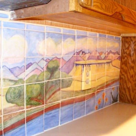 Rocky Mountain Front Kitchen Backsplash | Tiles by Rachel Kaiser Art. Item composed of cement