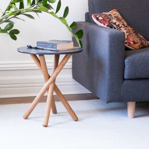 Modern Side Table with Round Top and Crossed Wooden Legs | Tables by Christopher Solar Design. Item composed of oak wood and synthetic in minimalism or mid century modern style