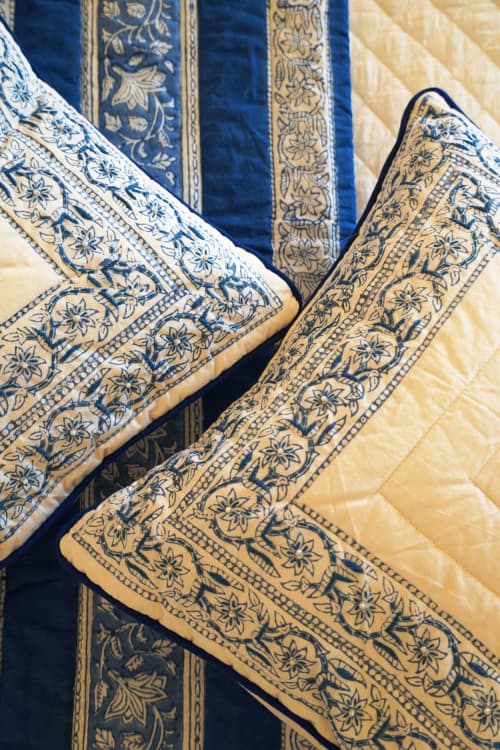Floral Indigo Bordered Cushion Cover with Embroidery | Pillows by Jaipur Bloc House. Item made of cotton